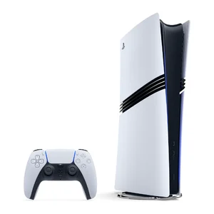 Consola PlayStation 5 Pro na vertical com comando DualSense
