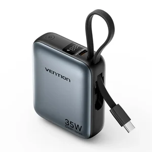 Power bank Vention 10000mAh 35W cinzenta com cabo USB-C integrado