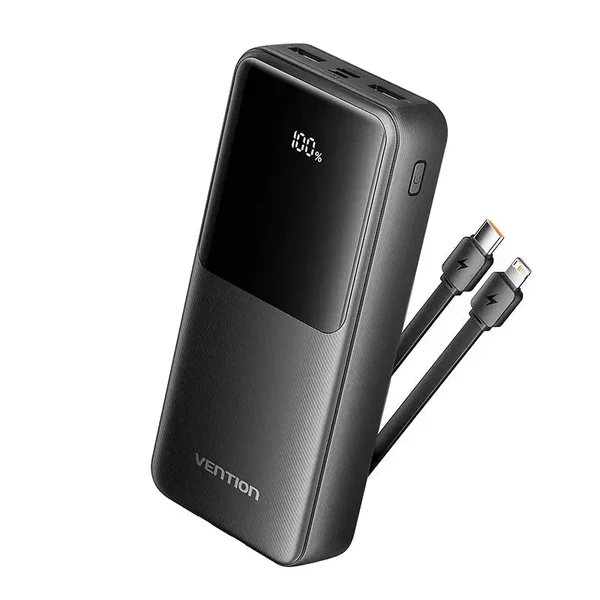Power bank Vention 20000mAh preta com cabos USB-C e Lightning integrados