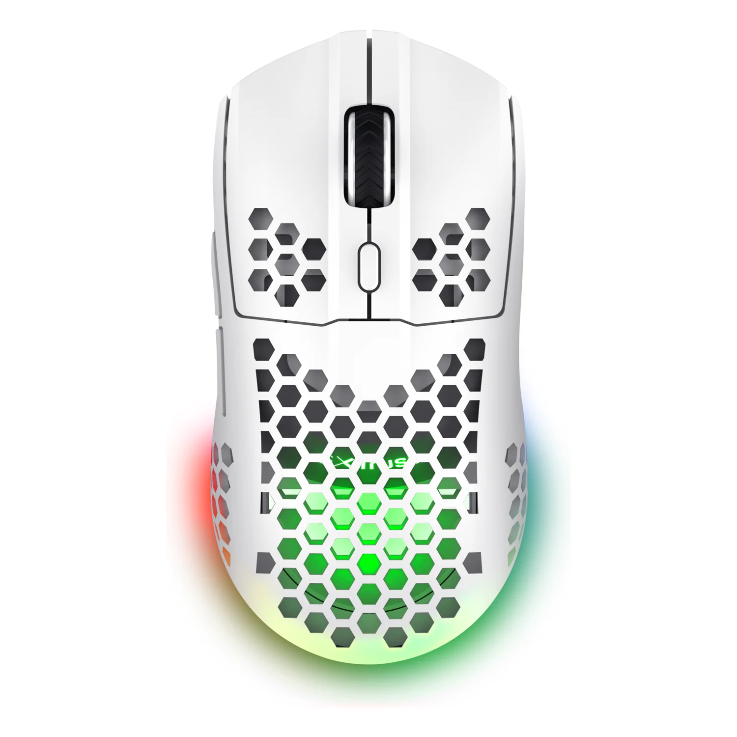 Rato Trust GXT 929 Helox branco visto de cima, com a carcaça perfurada
