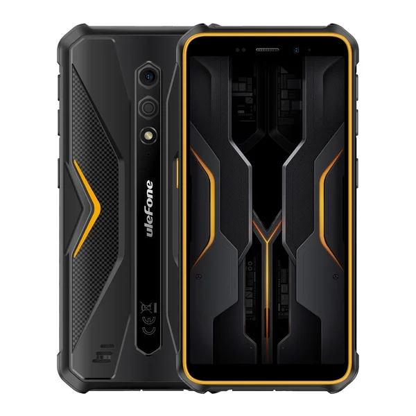 Smartphone robusto Ulefone Armor X12 Pro preto e laranja, frente e traseira