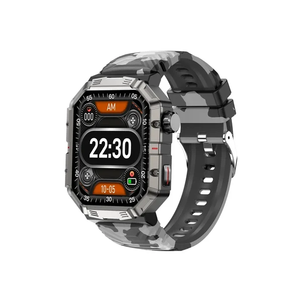 Smartwatch GW55 preto com bracelete camuflada, vista de frente