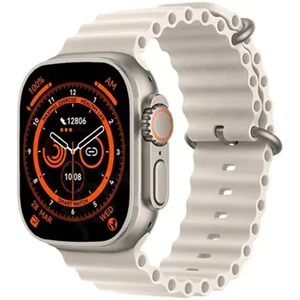 Smartwatch Ultra 8 com caixa prateada e pulseira ondulada creme
