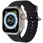 Smartwatch Ultra 8 com caixa prateada e pulseira ondulada preta