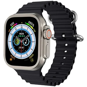 Smartwatch Ultra 8 com caixa prateada e pulseira ondulada preta