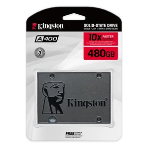 Embalagem do Kingston A400 de 480 GB com o disco à vista