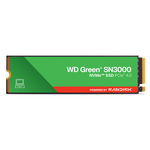 SSD WD Green SN3000 de 500 GB visto de frente, com a etiqueta verde e o conector M.2 dourado