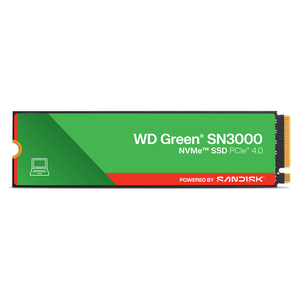 SSD WD Green SN3000 de 500 GB visto de frente, com a etiqueta verde e o conector M.2 dourado