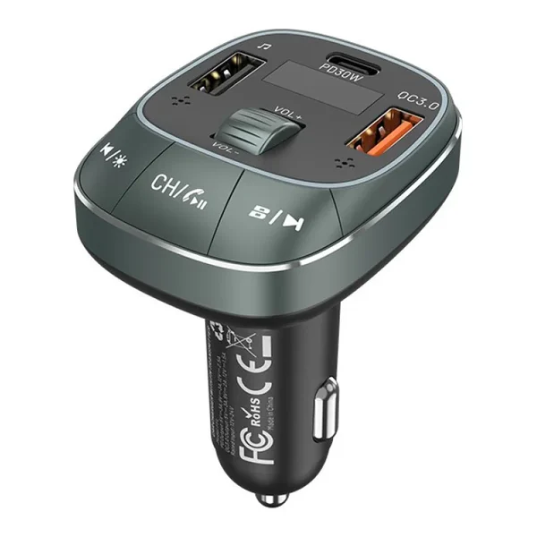 Transmissor FM Bluetooth com carregador auto Vention FFLB0, vista com portas USB-C PD 30W e USB QC 3.0