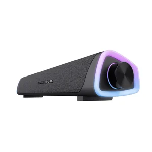 Soundbar Trust Gaming GXT 620 Axon, vista lateral com luz RGB em tons roxo e azul